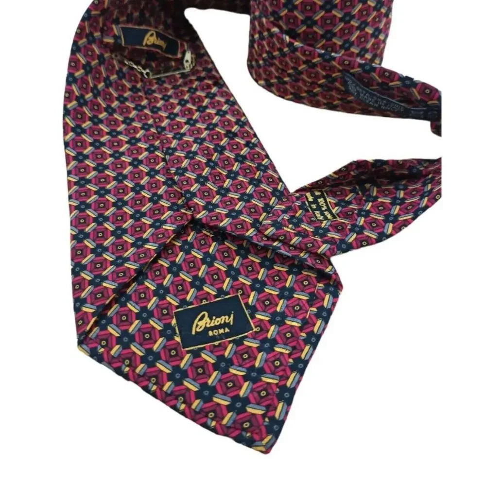 BRIONI Red Geometric Silk Tie HANDMADE ITALY 59